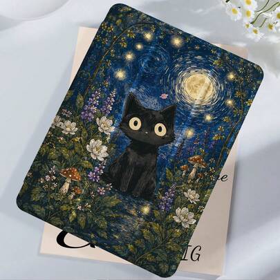 Skyddande surfplattaskal med Van Gogh Starry Night-mönster och svart katt, kompatibelt med iPad 9.7/10.2/10.5/10.9/12.9/Pro 11, 10:e generationen, Gal - Multifärgad (Multi-size)