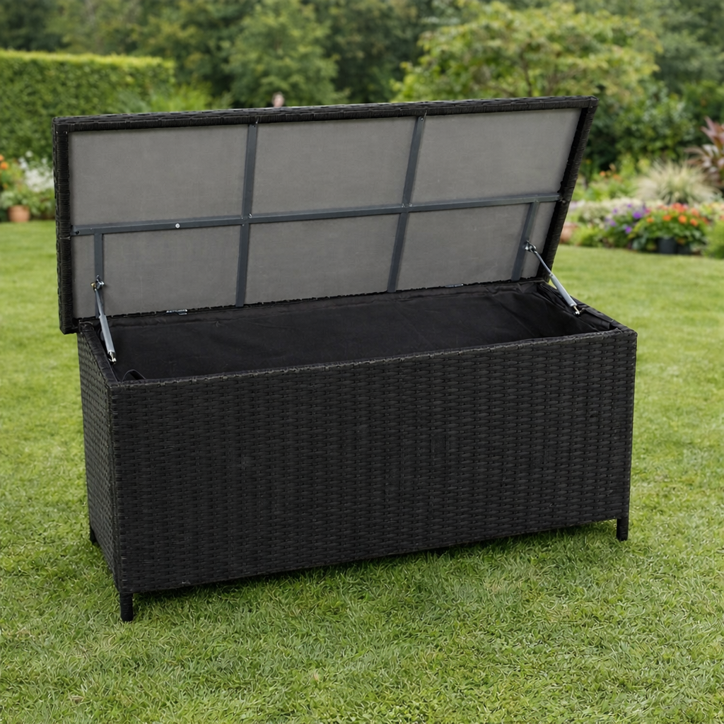 100 % vandtæt Hyndeboks i sort uv-beskyttet polyrattan - vandtæt.