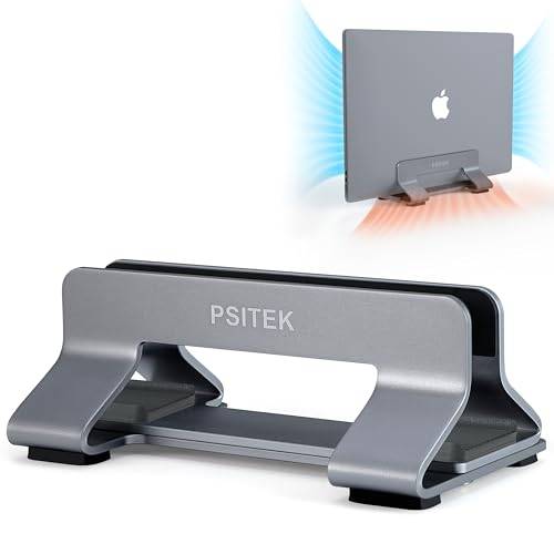 Psitek Aluminium Vertikal Bärbar dator Laptop Ställ Dock Hållare, Justerbar Spårbredd 12-42mm, Platsbesparande Vertikal Förvaring för MacBook och Laptops