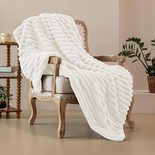 Shanna Mjuka, varma filtar i kaninfuskpäls, fleecefiltar, lätta, 540 g/m², vändbara, överkast för soffa, stor, fluffig, mångsidig filt, sängöverkast, för sovrum, soffa, resor, barn, camping (vit, 100