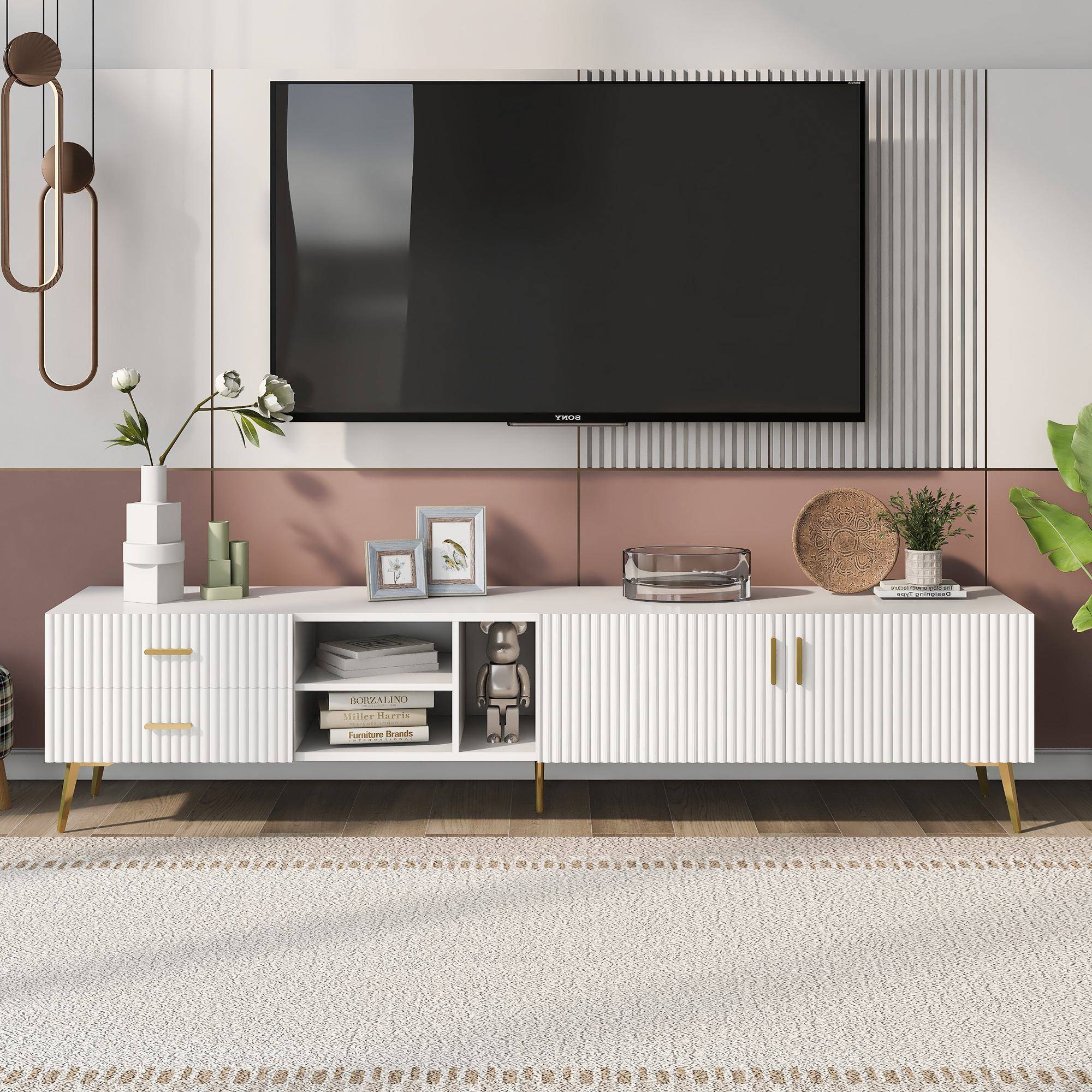 Modern TV Units with Storage for 75-Inch Televisions, MDF Construction, Metal Legs, Corner TV Stand for Living Room, 180x35x41 cm, White Aosom.UK