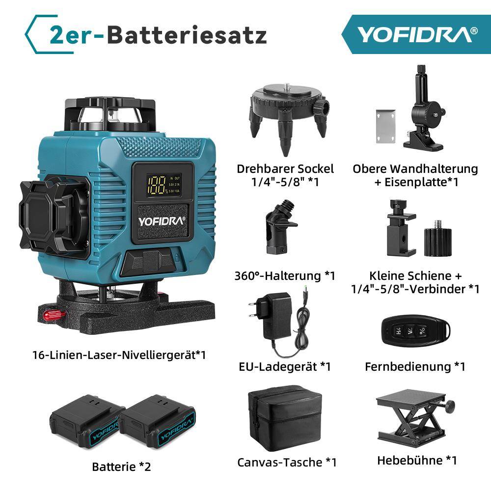 YOFIDRA 4D Professionell Lasernivå 16 Linjer Horisontell Och Vertikal Med APP Fjärrkontroll 360°Självnivellerande Lasernivåer 2xBattery Set