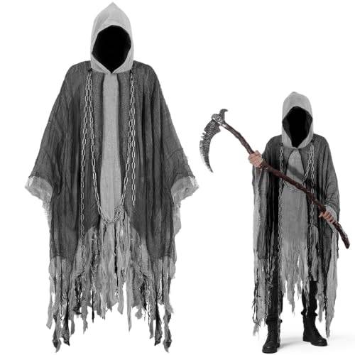 Geister Kostüm Erwachsene,Gruselige Geist Umhang mit Sensenmann Taillenkette,Gespenst Halloween Kostüm Herren Damen Sensenmann Umhang mit Kapuze Gespenstischer Outfit Erwachsene Halloweenkostüme
