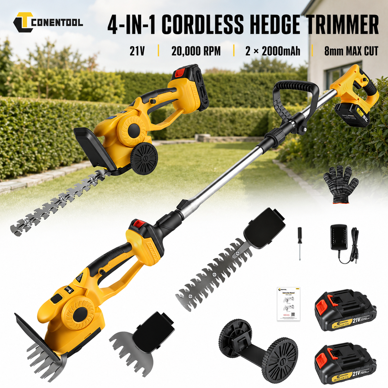 Conentool 21V Cordless Hedge Trimmer 4in1 20000Rpm with 2X2000Mah Long & Short Blade Max 8mm Electric Pruner for Bush Grass Branch Garden Yard
