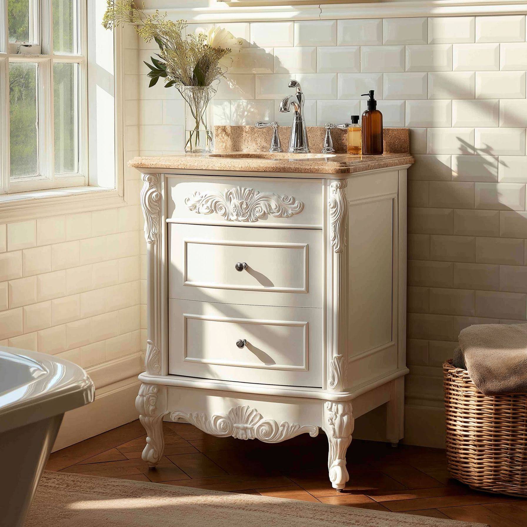 Kommod Badrum 60cm Ottawa Vit - Beige Marmor | Kommod Tvättställsskåp | Badrumsmöbler | Vesani