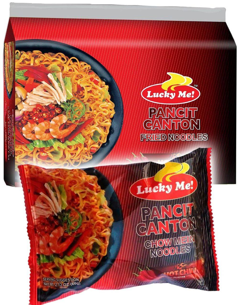 24 stk Lucky Me - Hot Chili Pancit Canton Chow Mein Nudler - Hel kasse 1,44 kg (Thailand)