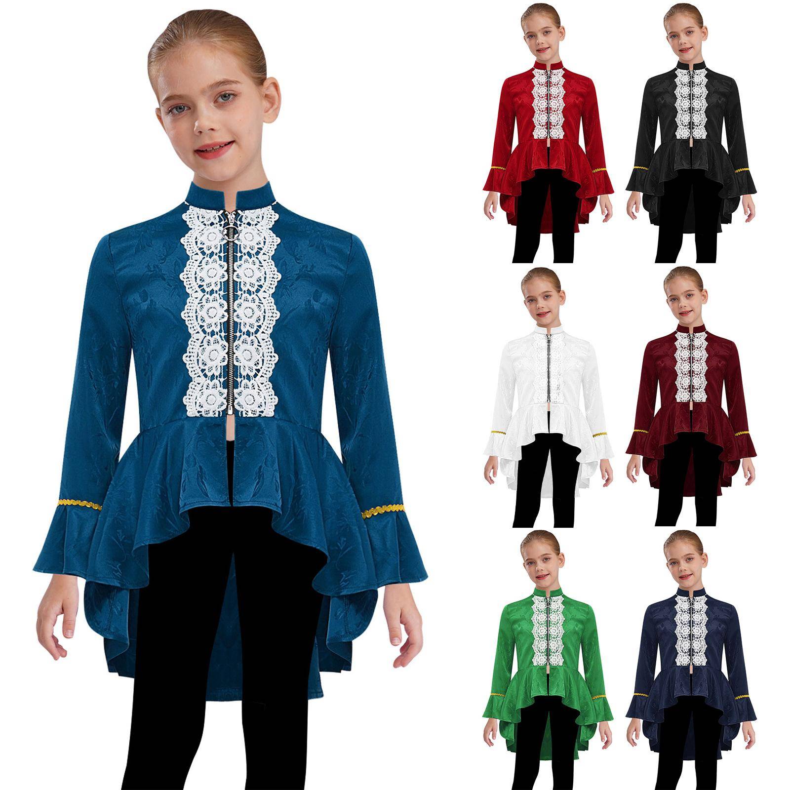 Flickors Medeltida Renässansdräkt Långärmad Spetsvolangjacka Viktoriansk Frack Pirat Gotisk Steampunk-outfit cm green