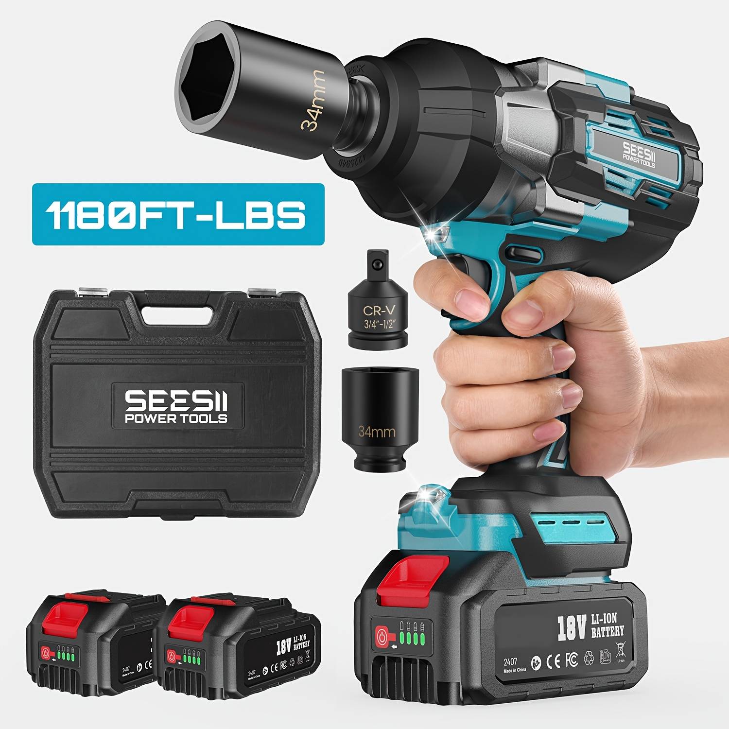 Seesii 1600 Nm Cordless Impact Wrench, 3/4-inch Impact Wrench Battery With 2 4000mah Batteries, 3-speed Gearbox, External Square Socket, 3/4-inch To 1/2-inch Bit Adapter, 34mm Impact