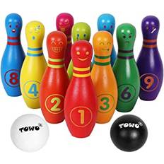 TOWO Wood bowling för barn - Skittle av trä med ansikts känslor och siffror - Bowling set med 10 stift för barn Inomhus- och trädgårdsleksaker - Träleksaker för 2 år gammal Småbarn