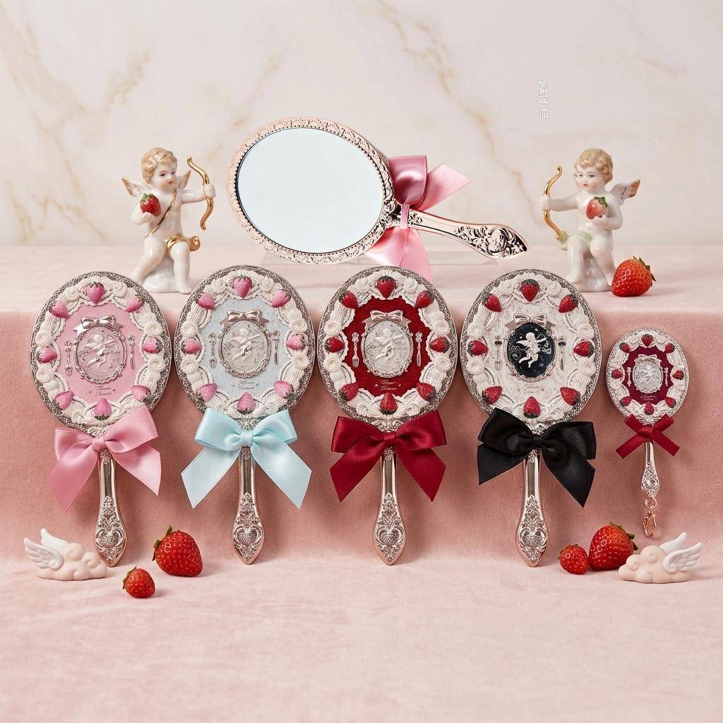Flower Knows JordgubbsCupid Handpegel Söt Söt Romantisk Estetisk Bärbar Sminkspegel Kawaii Sminkspegel Flicksig Gåva