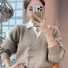 TEMU Asian Code Korean Style 2024 Autumn Spliced Fake Two-piece Cardigan With Quality And Comfortable Knitted Women's Top Korean Version