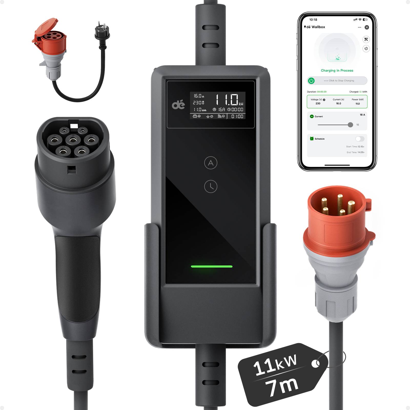 dé 11kW 16A 3-Phase Type 2 Portable EV Charger CEE Schuko Plug APP Control 7m 10m 15m 20m 25m EVSE IP66 CE