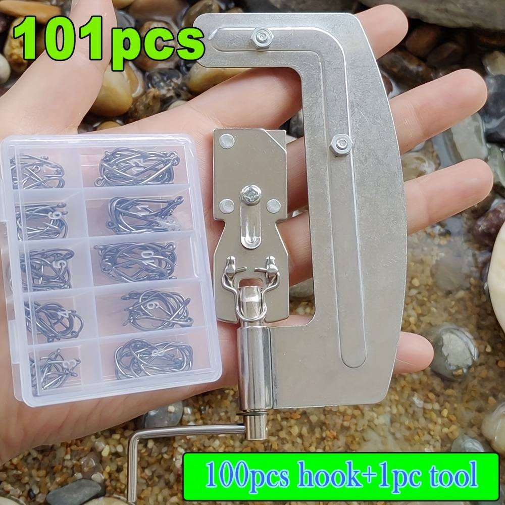 101pcs Fishing Tool Set 1pc Fishing Hooks Line Tier Machine Portable Stainless Hook Line Knotter Tying Bindin With 100pcs Fishing Hooks
