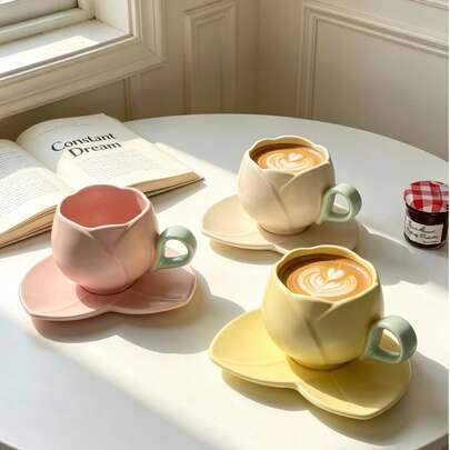 1 set tulpanformade kaffekoppar och fat i 90 ml och 200 ml samt tekopp, med värmebeständigt handtag, diskmaskinssäkra. Perfekt för eftermiddagste, des - Multifärgad (200 ml,90 ml)