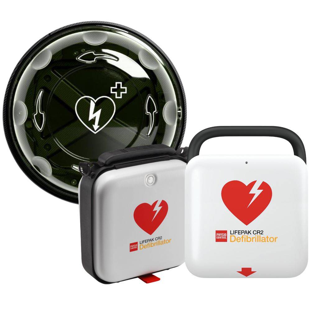LIFEPAK CR2 Wi-Fi med bärväska och Rotaid inomhusskåp