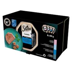 SHEBA Classics Fisk Smaker förpackningar 32x85 g i terrin med lax, vit fisk och morot, tonfisk och grönsaker, torsk