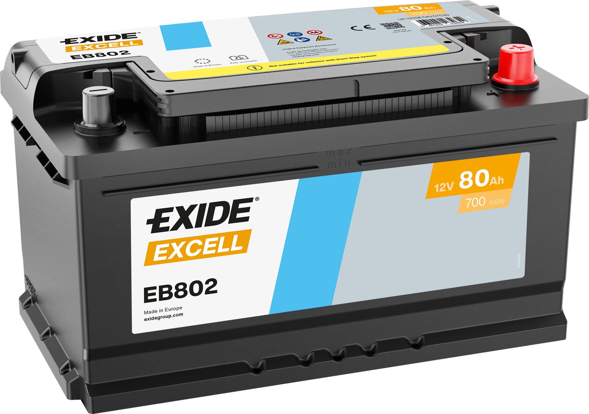 Exide Excell EB802 80 Ah - Bilbatteri | Startbatteri - Volvo - Ford - VW - Toyota - BMW - Opel - Saab - Mercedes