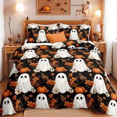 3 st digitaltryckta påslakanset med höstlöv, pumpa och spöke i Halloween-motiv med svart bakgrund (1 påslakan + 2 örngott, utan fyllning), mjuk och hu - Multifärgad (135*200,150*200,180*200,200*200,160*220,168*229,200*230,229*229,230*220,264*229,260*220,240*220)