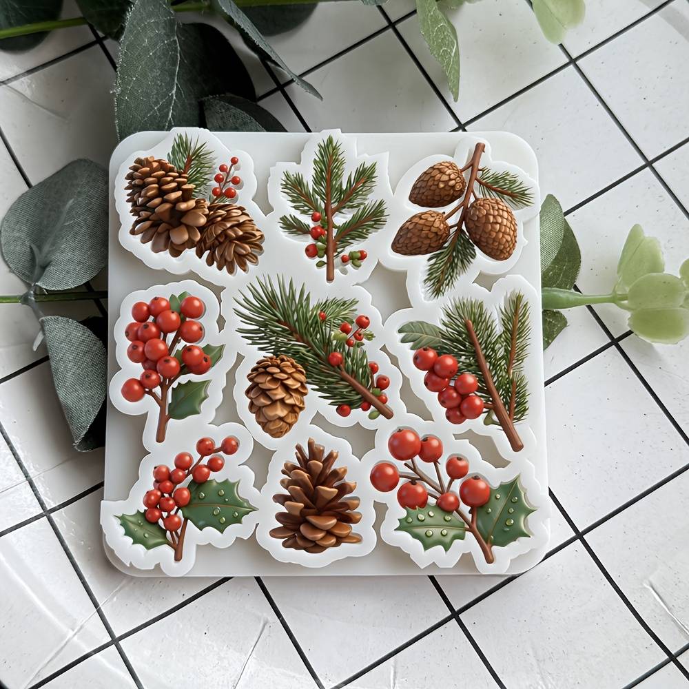 1pc, Creative Shaped Cake Mold, Epoxy Resin Silicone Tool, , Pine Branch, Holly Leaf, Red Berries, Christmas Themed Holiday Baking Mold
