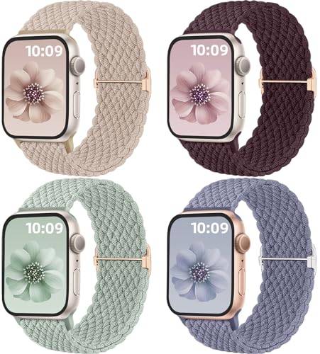 Mastten 4 stycken flätat armband kompatibelt med Apple Watch armband 41 mm 42 mm 40 mm 38 mm kvinnor och män, elastiskt nylontyg armband sport sololoop för iWatch SE Series 11 10 9 8 7 6 5 4 3 2 1