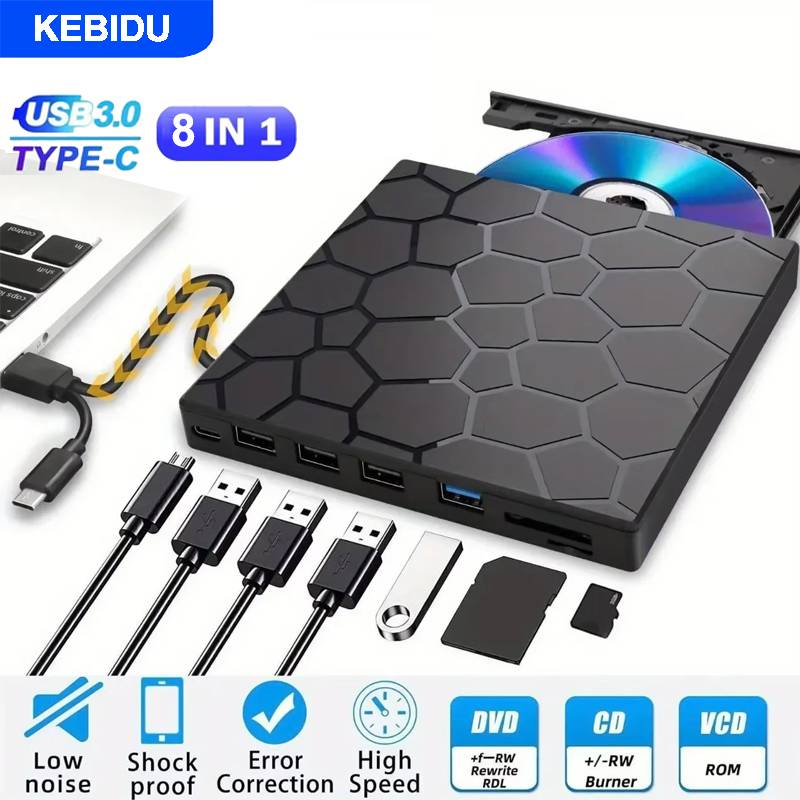 KEBIDU Portable DVD Player 8 in 1 External CD/DVD Drive USB 3.0 Type C CD Burner External Disk Drive for Desktop Mac Windows