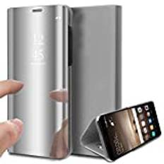 Uposao Telefonfodral för Galaxy Note 4 spegelvikbart fodral bling spegel smart klar vy hårt vikbart fodral galvanisering teknik PC PU-läder bokfodral med stativfunktion, silver