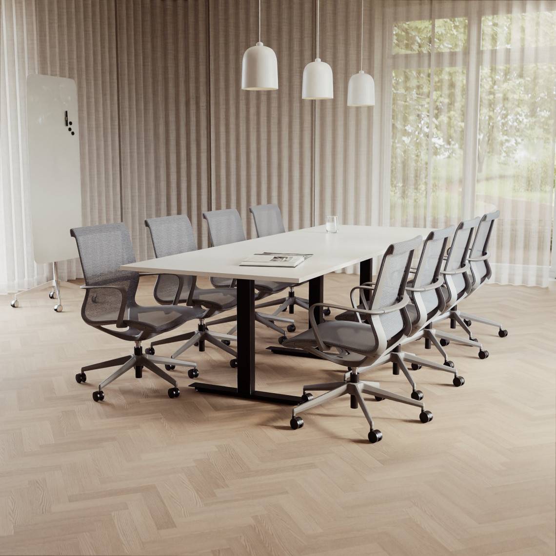 Konferensgrupp Modul + Ergo 285, Storlek 8 platser (280 cm), Bordsskiva Vit, Underrede Svart, Stol Grå
