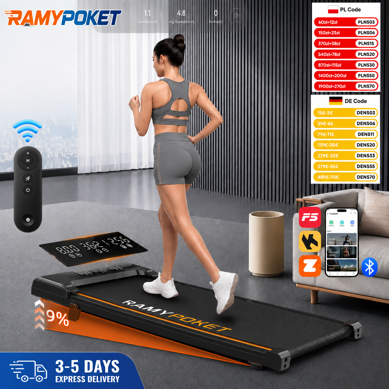 Electric Treadmill Home with 9% Incline,Silent Treadmill App/Led ,1-8Km/H,Max Load 130kg Walking Pad Tread