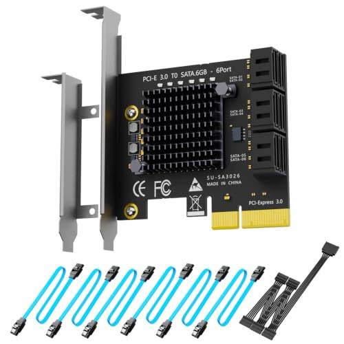 GLOTRENDS SA3026-C 6-portars PCIe X4 SATA-expansionskort med SATA- och strömkablar, kompatibelt med Windows,Linux,Mac OS,NAS