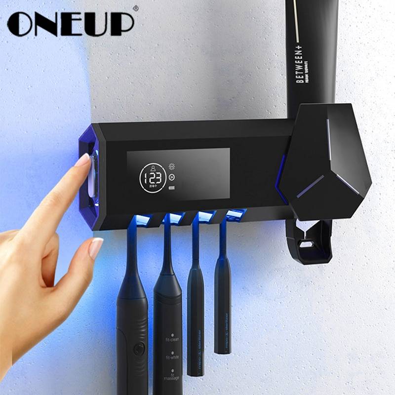 Oneup uv-tandborsthållare smart tandborstesterilisator automatisk tandkrämspressare dispenser hem badrumstillbehör set - Svart b