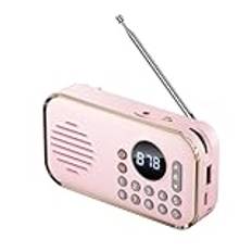 Qerwsdty Bärbar FM-radio, uppladdningsbar liten trådlös Bluetooth-högtalare, surroundstereoljud, USB-vintage-radio, rosa