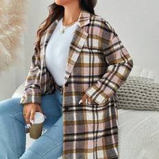 Plus Size Pink Plaid Woolen Coat With Pockets Winter Women Clothes