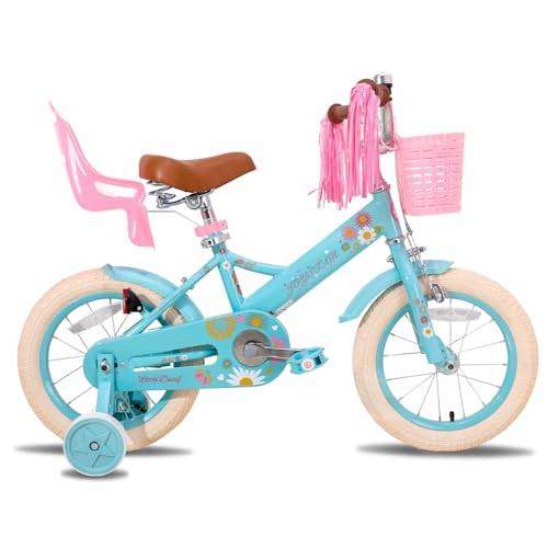 JOYSTAR 14-tums barncykel för flickor på 3–5 år, med stabilisatorer, flickcykel med korg, band och docksäte, blå