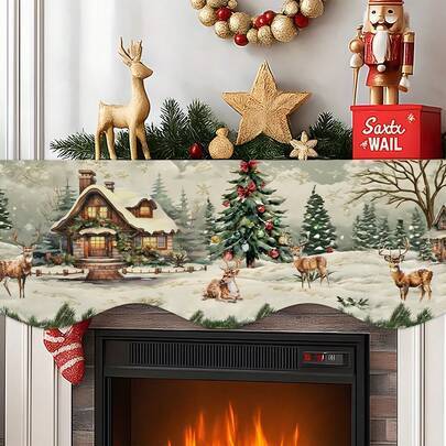 1 st tyghus med snö, hjort och öppen spis, juldekoration för hemmet, vinterdekoration, rumsdekoration för jul inomhus - Multifärgad (En-Storlek)