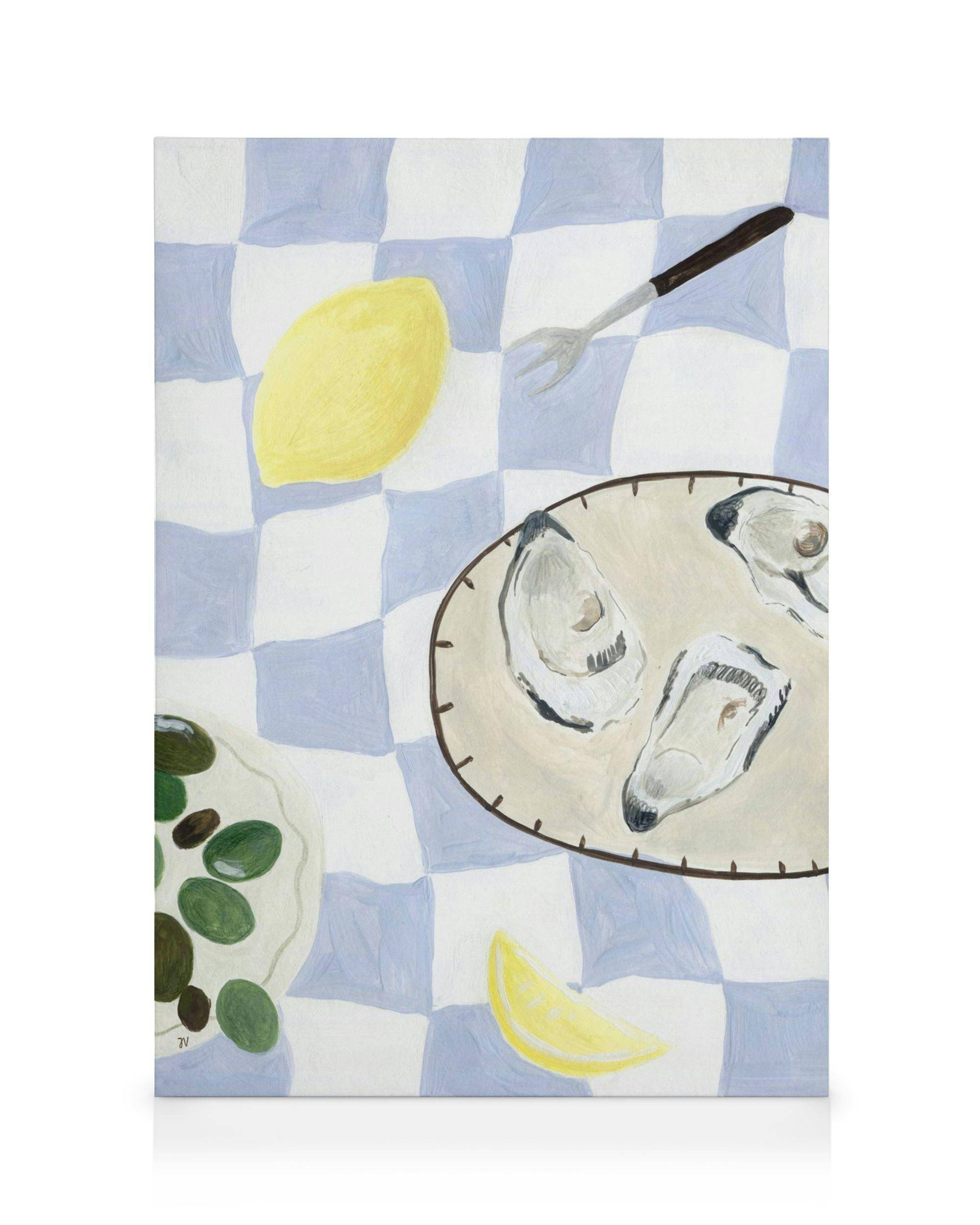 Canvastavlor Isabelle Vandeplassche - Oysters and Olives Canvastavla (50x70 cm - Svart ram)