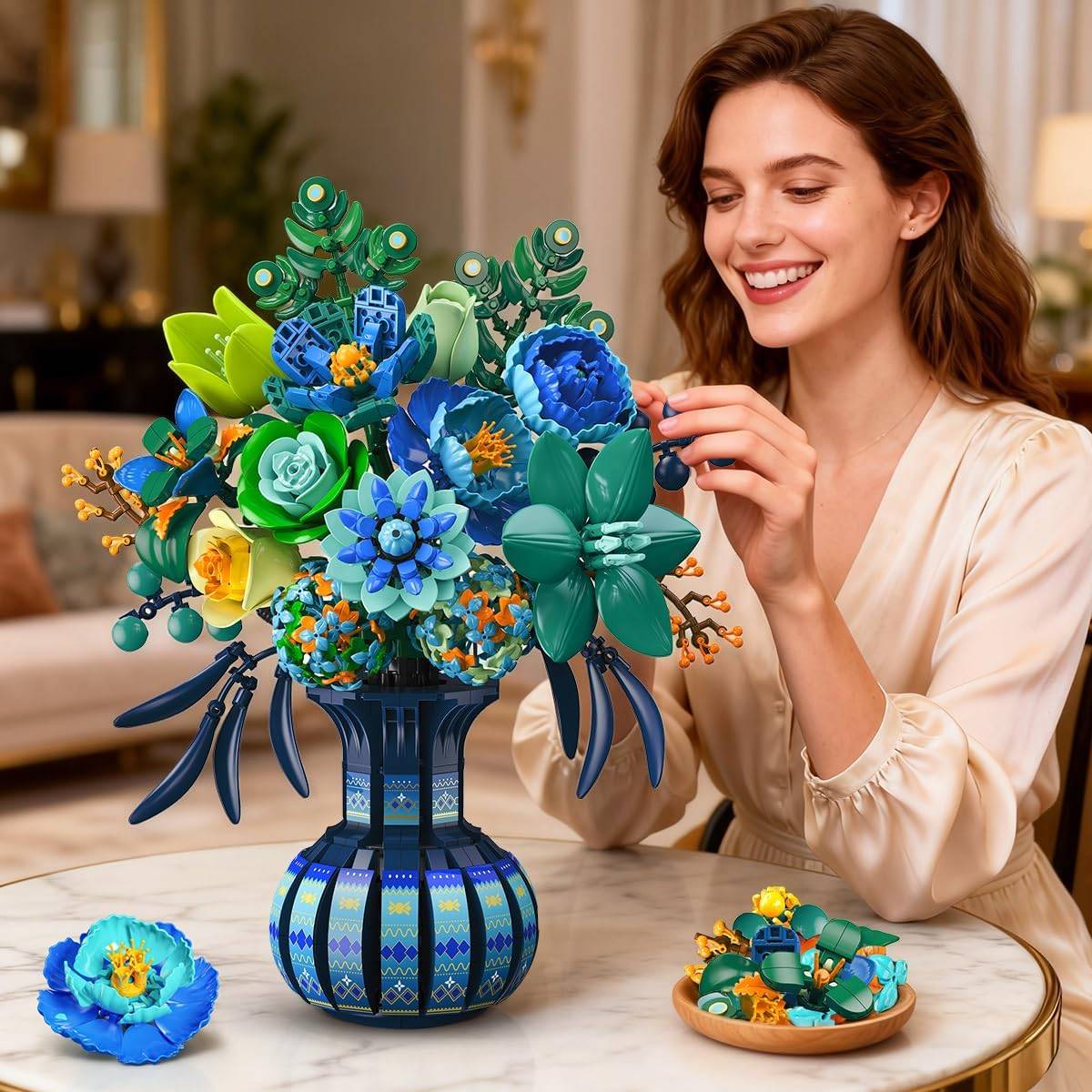 Flowers Building Set With Vase, Mother's Day Flower Bouquet Botanical Collection Building Block Toy, 1309pcs Pearooster Artificial Plant Bonsai Kit Home Decor, Gift For Her Girls