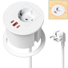 HANNELORE Infälld bordsuttag med USB-C, PD, 35 W, infällda uttag med 2 USB-C, 1 USB-A QC 3.0, eluttag (16A), perfekt för kontor, kök eller sovrum, 1,8 m kabel, vit