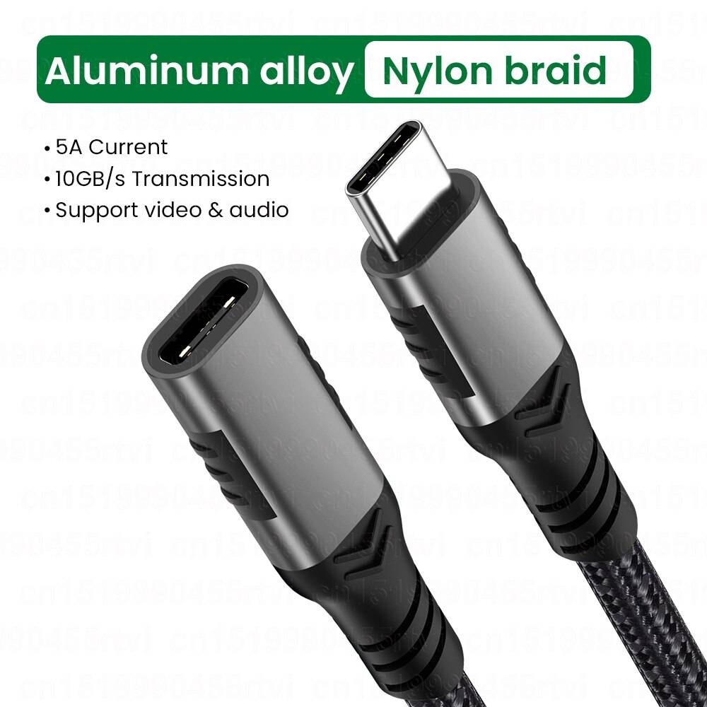 100w 5a usb c förlängningskabel typ c förlängningssladd usb-c thunderbolt 3 för xiaomi nintendo switch usb 3.1 usb förlängningskabel - Nylon svart / 1m