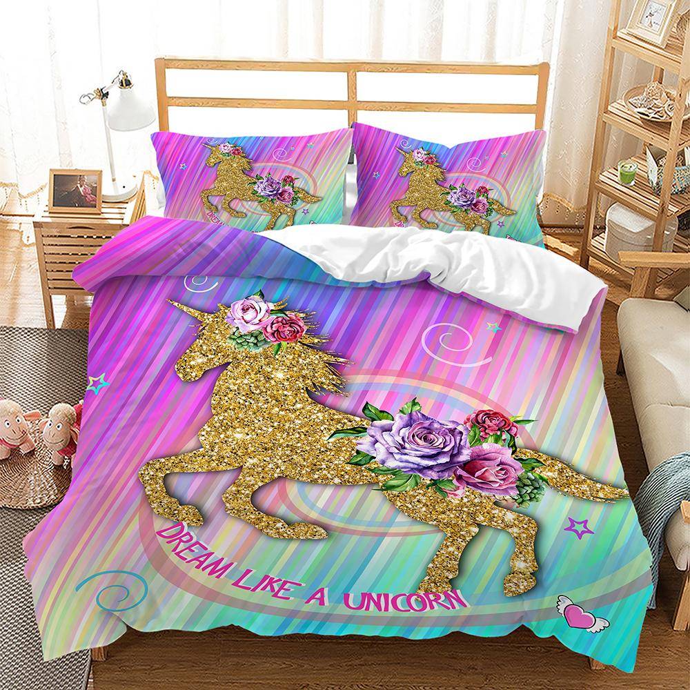 Sängklädesset med regnbågsenhörning för barn, sänglinne med tecknade djur för flickor, kawaii påslakanset, enkelsäng, enkelsäng, dubbelsäng, queen size EU SK 260x220cm