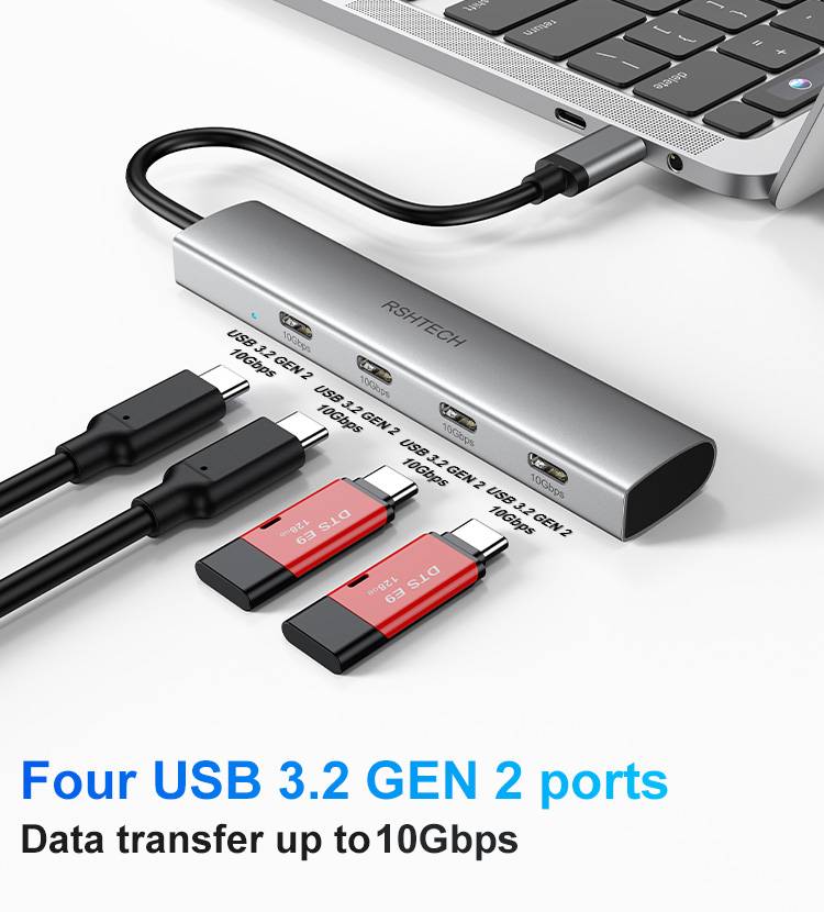 RSHTECH USB C Hub USB 3.2 Hub 10Gbps 4-Port USB-C Splitter Portable Aluminum USB Type C Adapter for MacBook Thunderbolt Laptop
