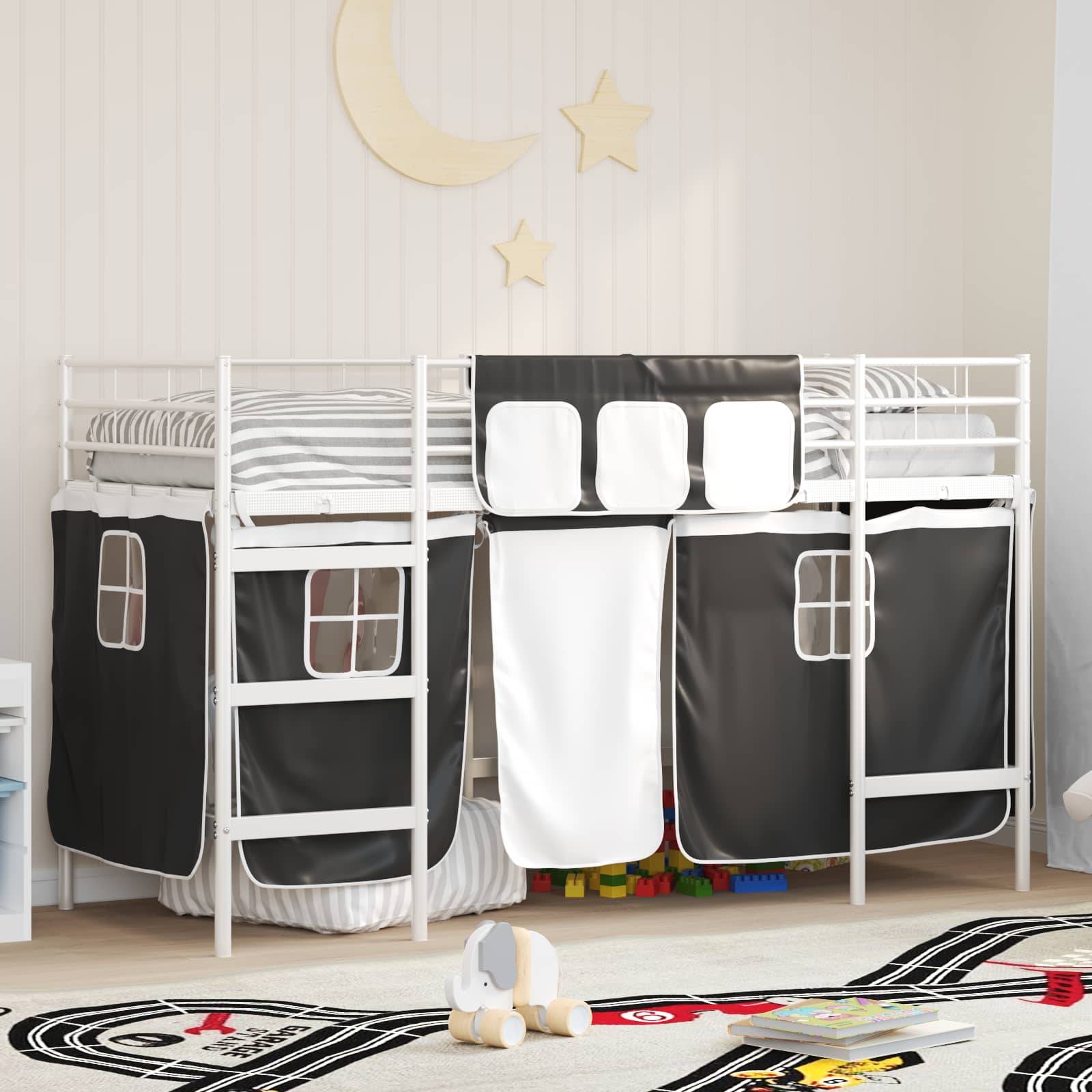 vidaXL Barns LOFT SÄNG RAM med Gardiner Vit och svart 100 x 190 cm
