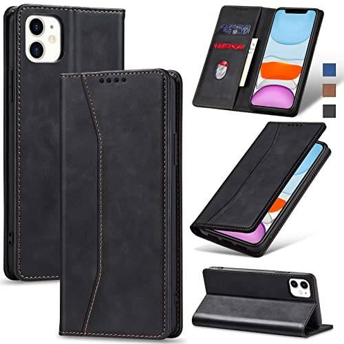 Jasonyu Skal för iPhone 11, Premium Läder Vikbart Skyddande Fodral [Hölster, Magnetisk, kortfack, stativfunktion] Wallet Leather Case Cover (Svart)
