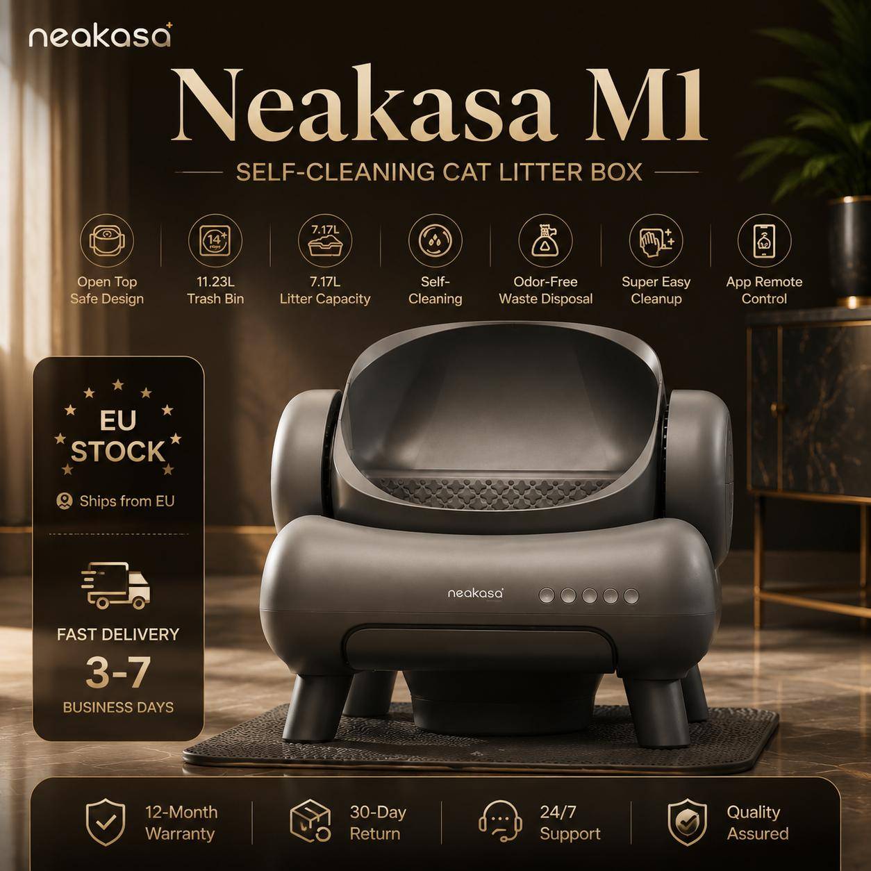 Smart Cat Litter Box M1, Self-Cleaning Automatic Cat Toilet with APP Control, Extra Large Capacity for Large Cats, Pet Litter Box grå