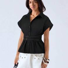 Women's Black Metal Decor Waist Belt, Versatile For Work Blouse,Elegant Women's Blouses - Black - L,M,S,XS