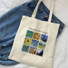 Solid Color Canvas Fashion Oil Painting Splicing Print Women&#39;s Canvas Tote Bag, Portable Shopping Bag For Outdoor - Beige