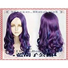 Wig for 2019 Descendants 3 Mal Peruk Vuxen 50 cm Lång Lockig Lila Blå Syntet hår Modekostym Cosplay Peruker för kvinnor + Peruk Keps