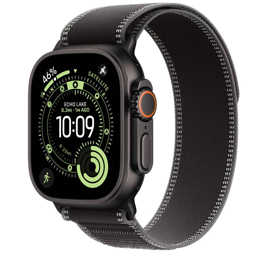 Apple Watch Ultra 3 (GPS + Cellular) • Titanboett svart, 49 mm • Terrängloop svart/gråsvart – M/L