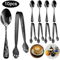 10-delars Halloween-kaffeskedar och sockertänger bestickset, rostfritt stål svart silverbestick, kaffeskedar med dödskalle-/blommönster, benformade mi (10 ST)