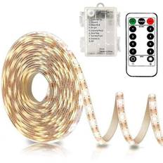 3m Batteri LED Strip Lys med Fjernbetjening, 90 LED Lys Strip Vandtæt, 8 Modes, Dæmpbar, Timer, Selvklæbende, Kan Klippes (Varm Hvid)