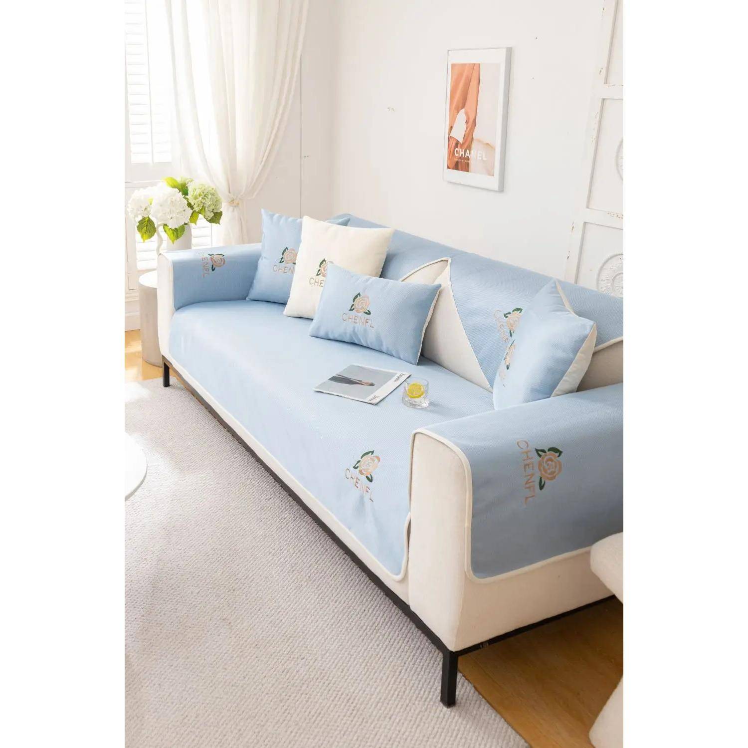 Living Room Anti-slip Flower Embroidery Couch Sofa Cover Summer Ice Silk Sofa Cushion Cover Slipcover Funda Cojin 70X70cm 1pc